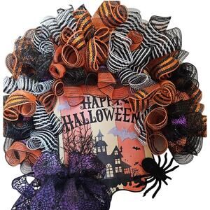 Handmade Halloween Wreath Orange Black Purple 30x7 Deco Mesh
